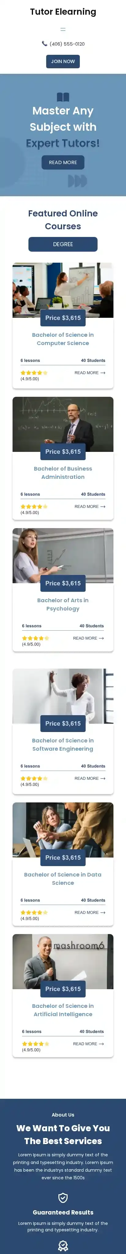 Tutor Elearning home page on mobile