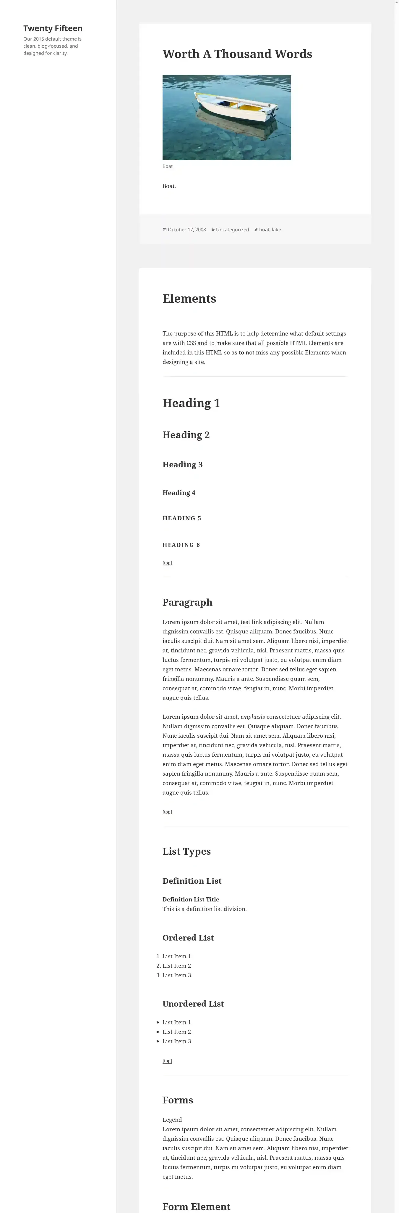 Twenty Fifteen home page on desktop