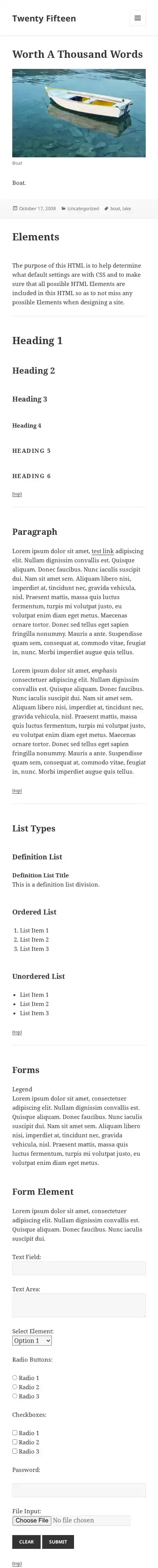 Twenty Fifteen home page on mobile