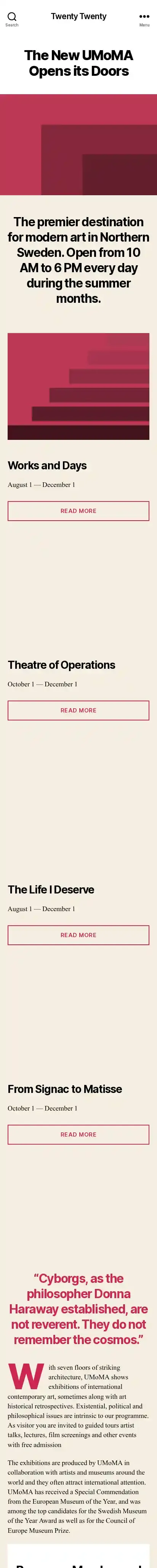 Twenty Twenty home page on mobile