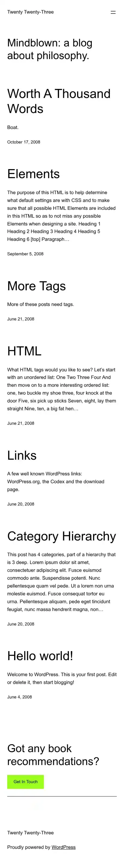 Twenty Twenty-Three home page on mobile