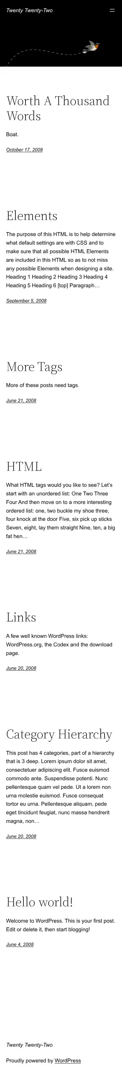 Twenty Twenty-Two home page on mobile