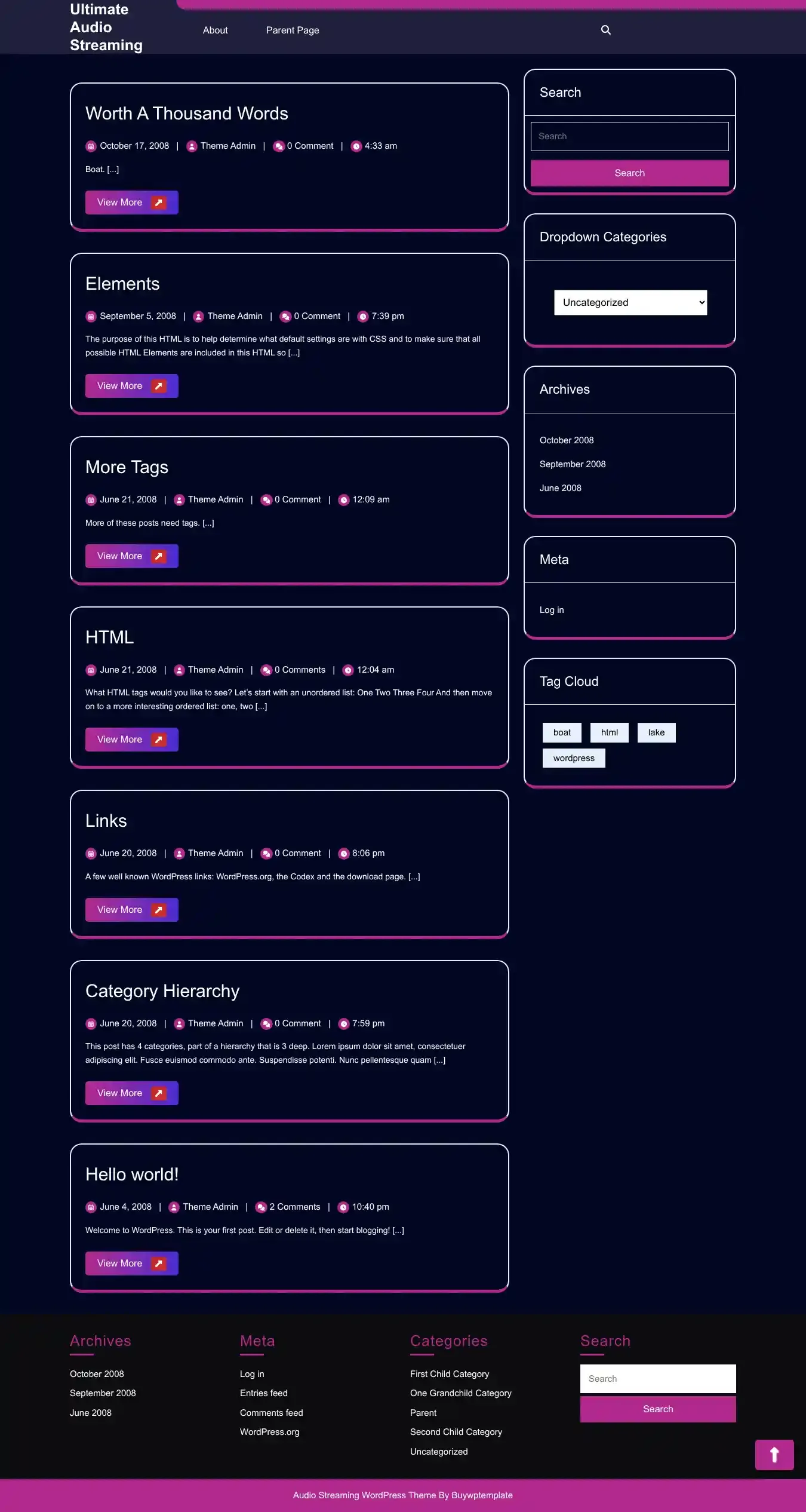 Ultimate Audio Streaming home page on desktop