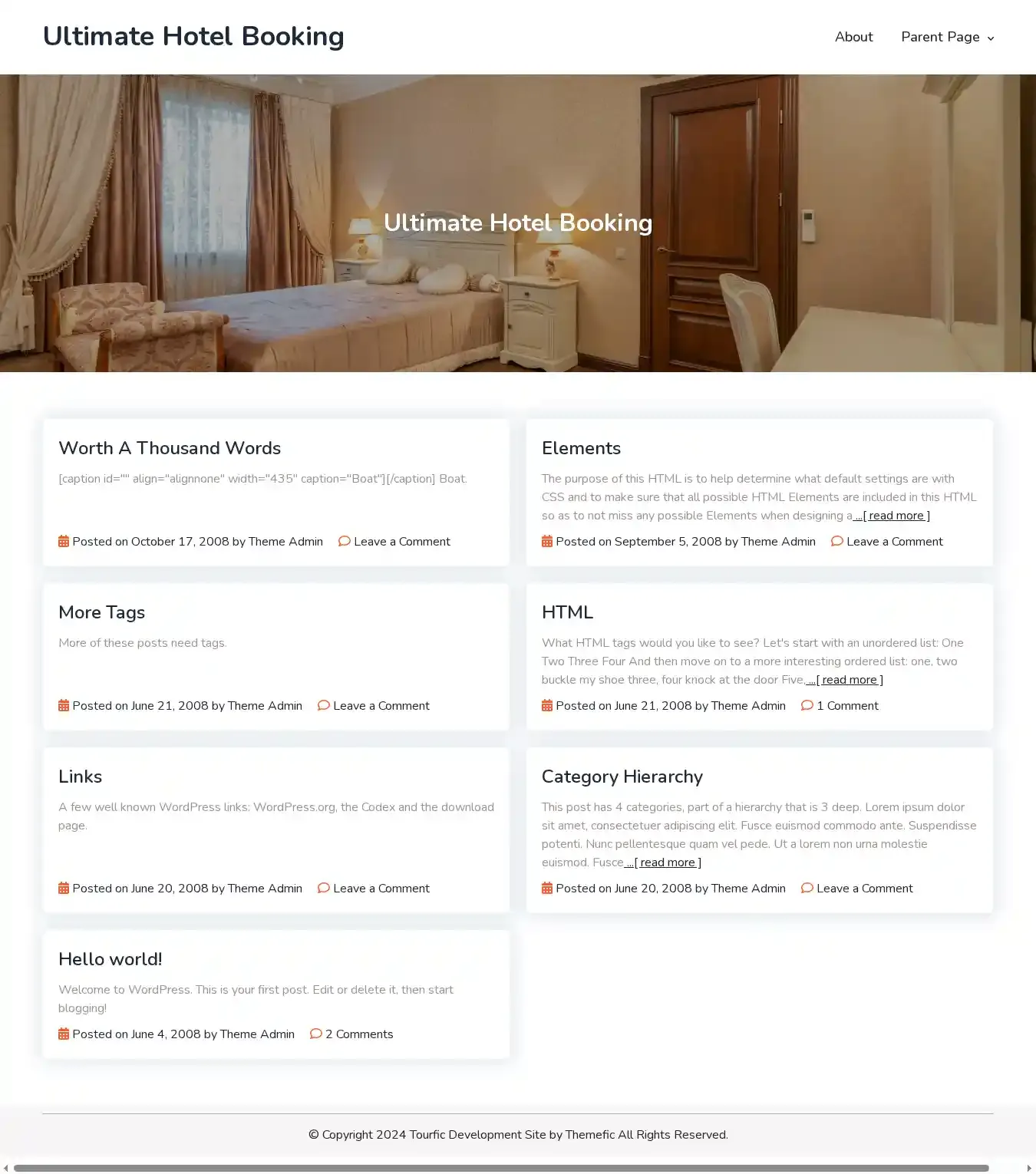 Ultimate Hotel Booking home page on desktop