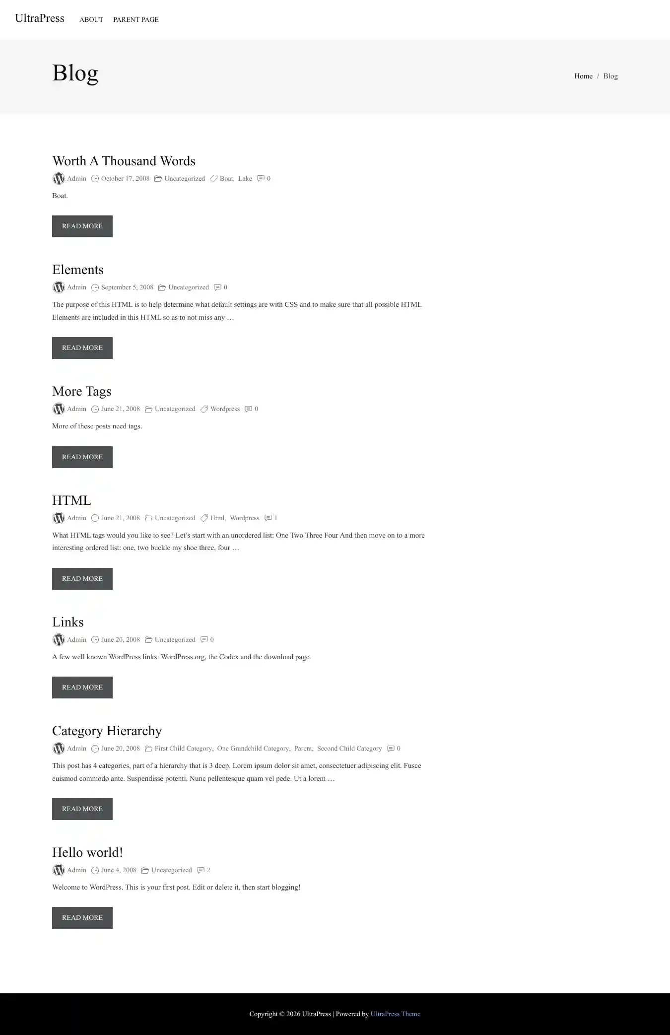UltraPress home page on desktop