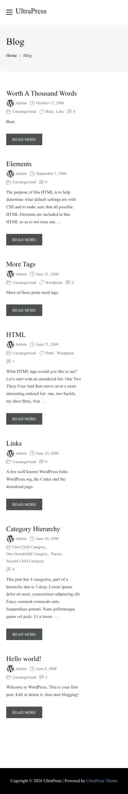 UltraPress home page on mobile