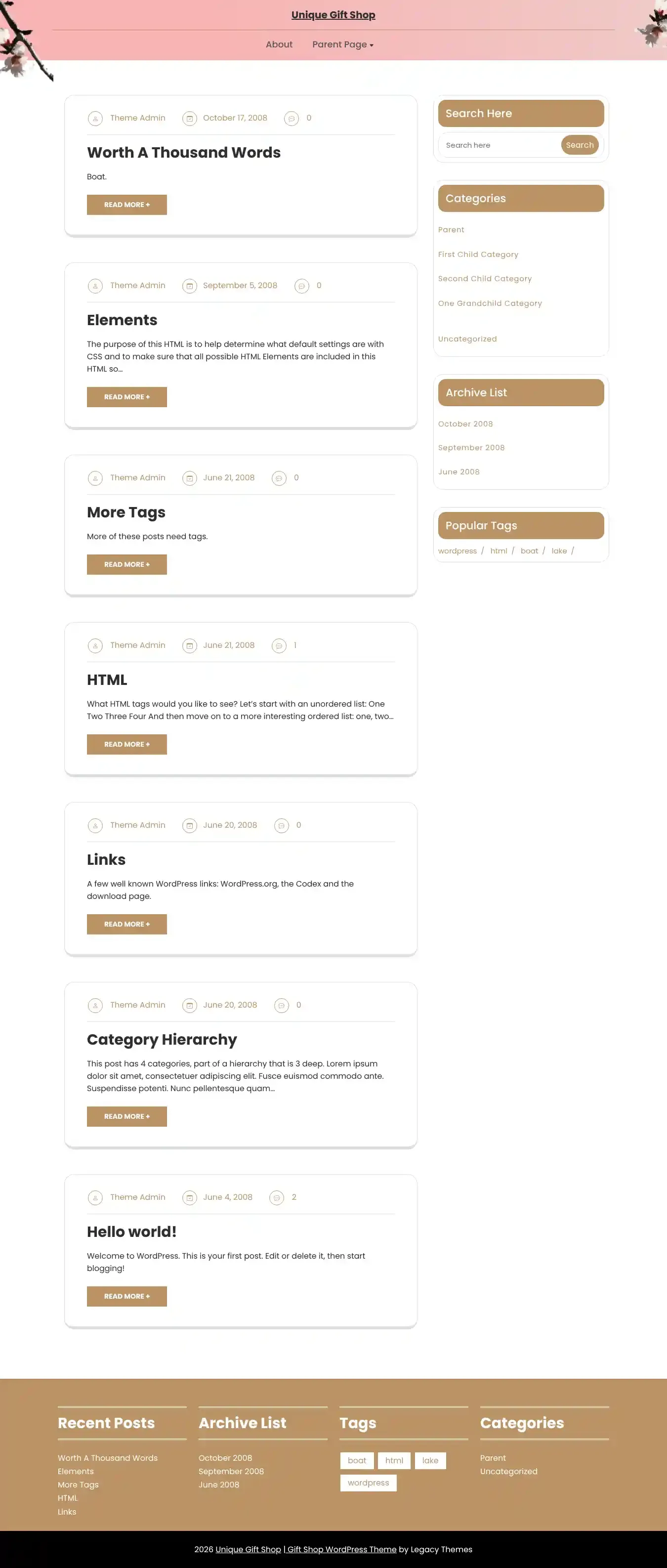 Unique Gift Shop home page on desktop