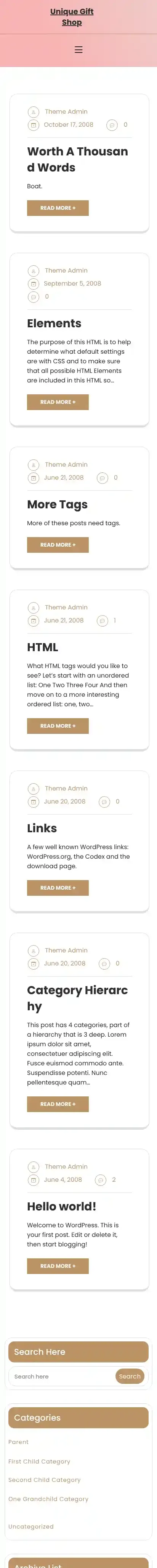 Unique Gift Shop home page on mobile