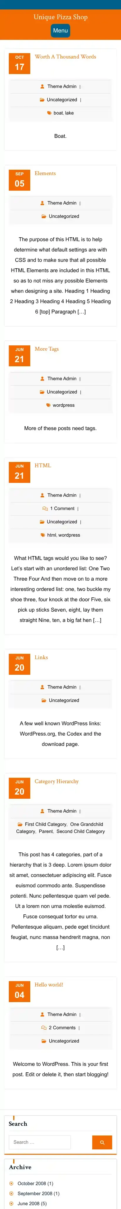 Unique Pizza Shop home page on mobile