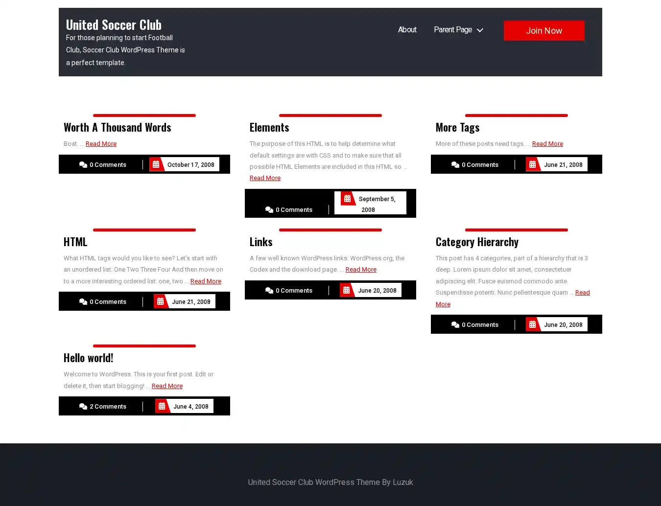United Soccer Club home page on desktop
