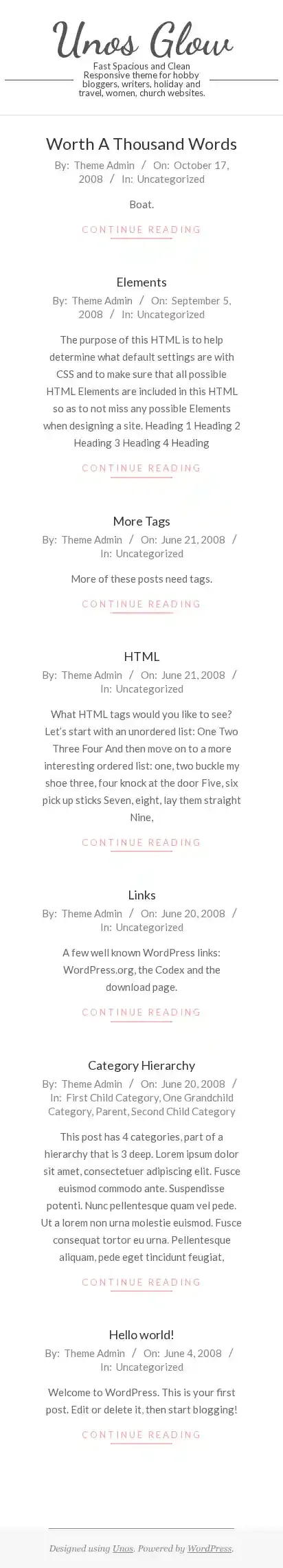 Unos Glow home page on mobile