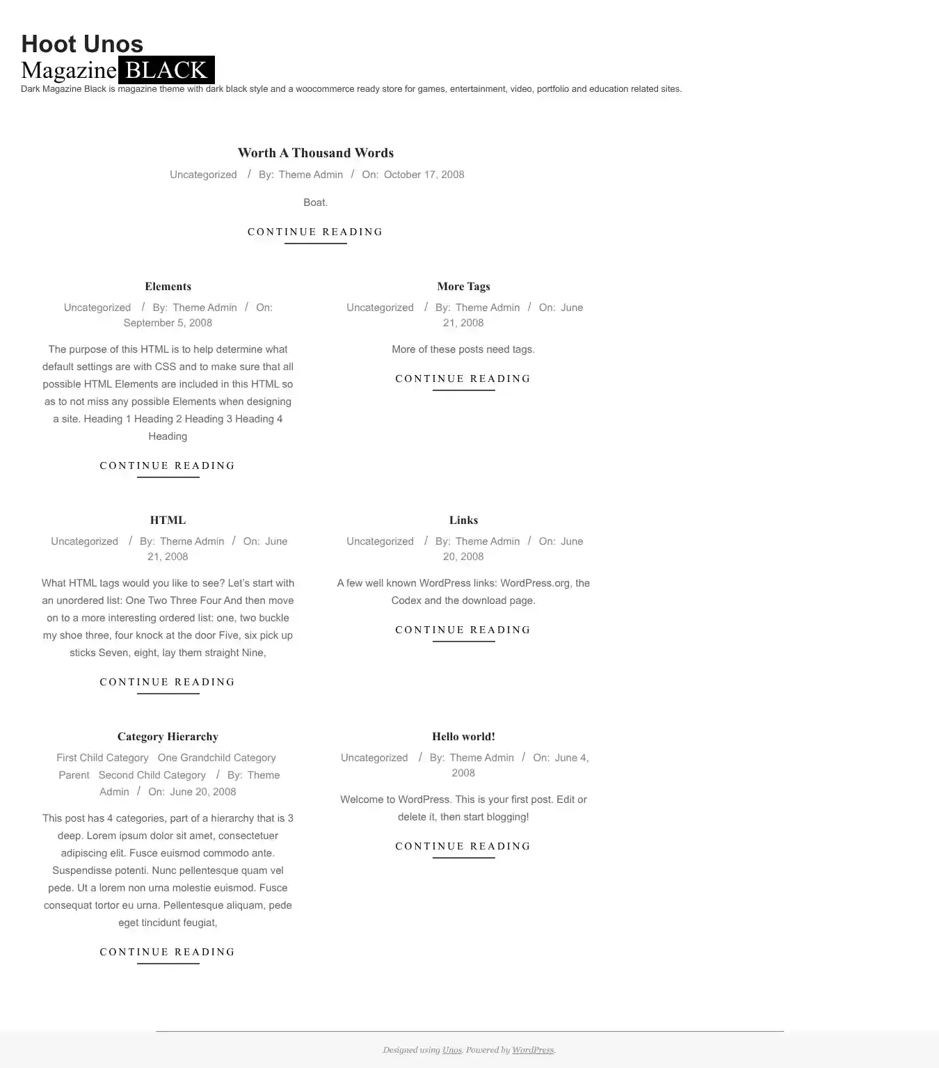 Unos Magazine Black home page on desktop