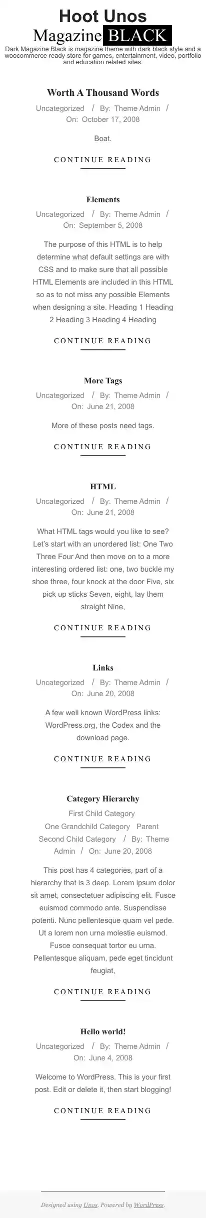 Unos Magazine Black home page on mobile
