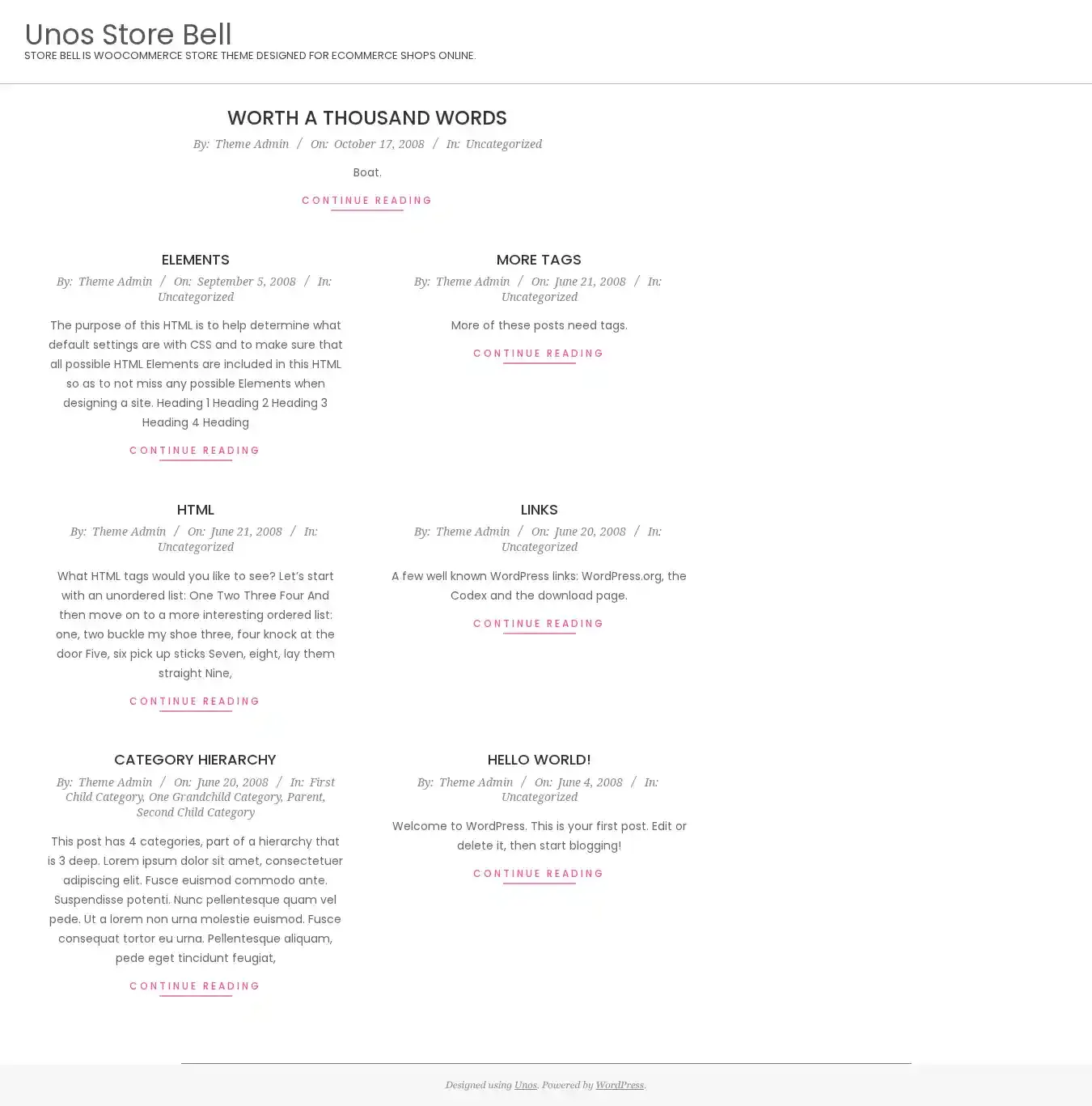Unos Store Bell home page on desktop