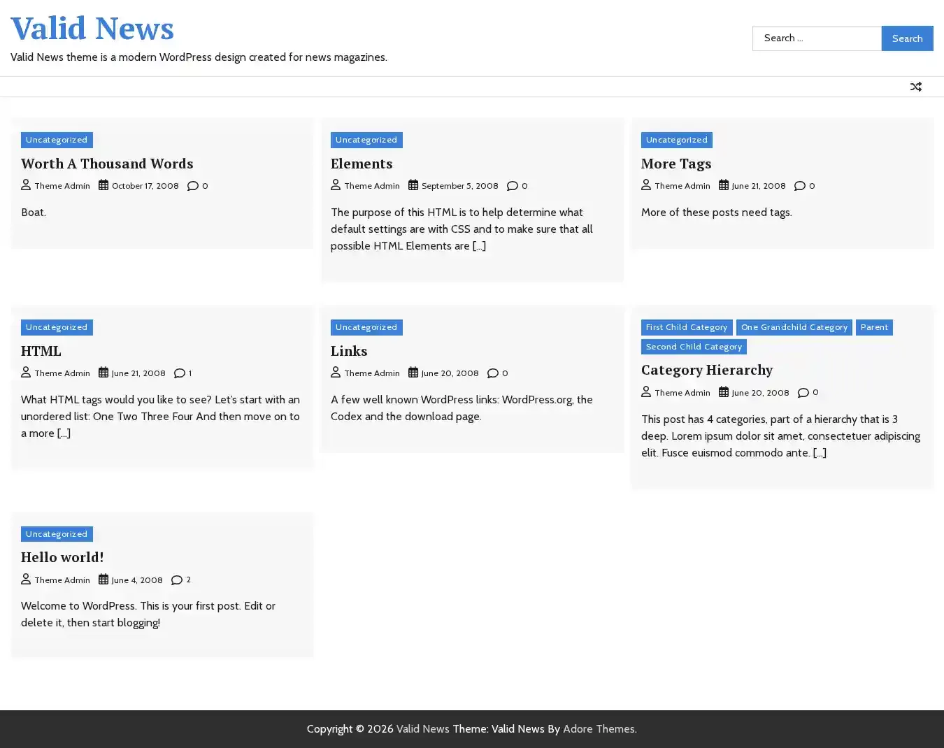 Valid News home page on desktop