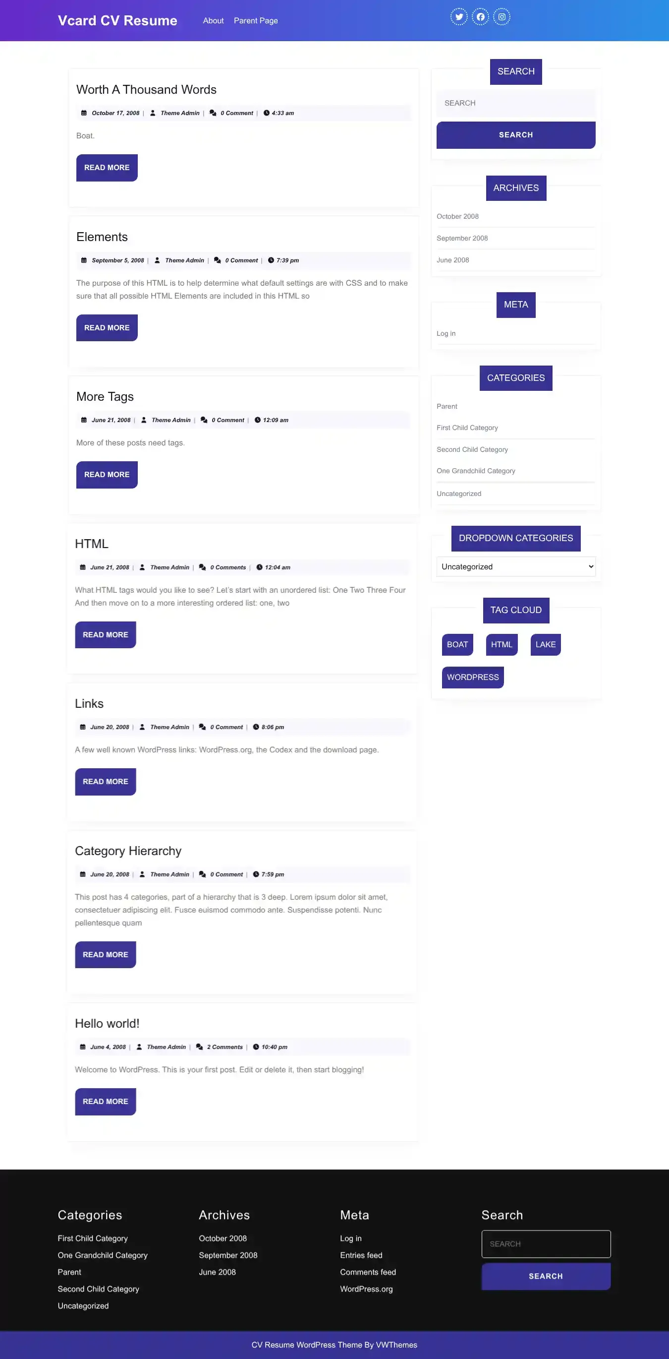 Vcard CV Resume home page on desktop
