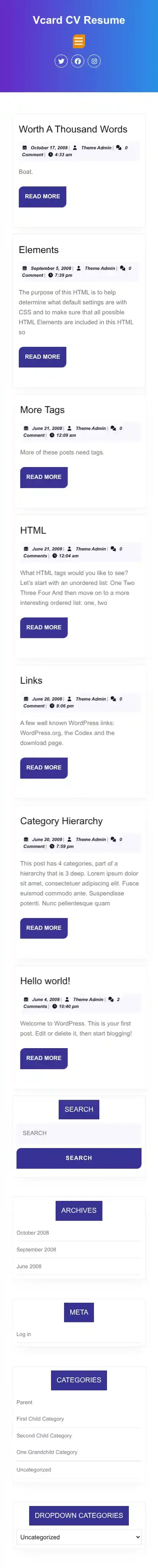 Vcard CV Resume home page on mobile