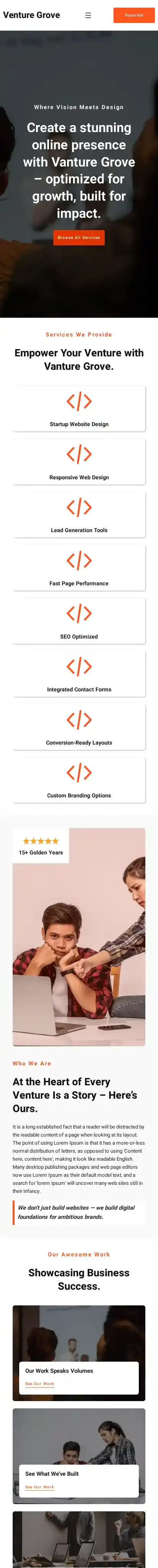 Venture Grove home page on mobile