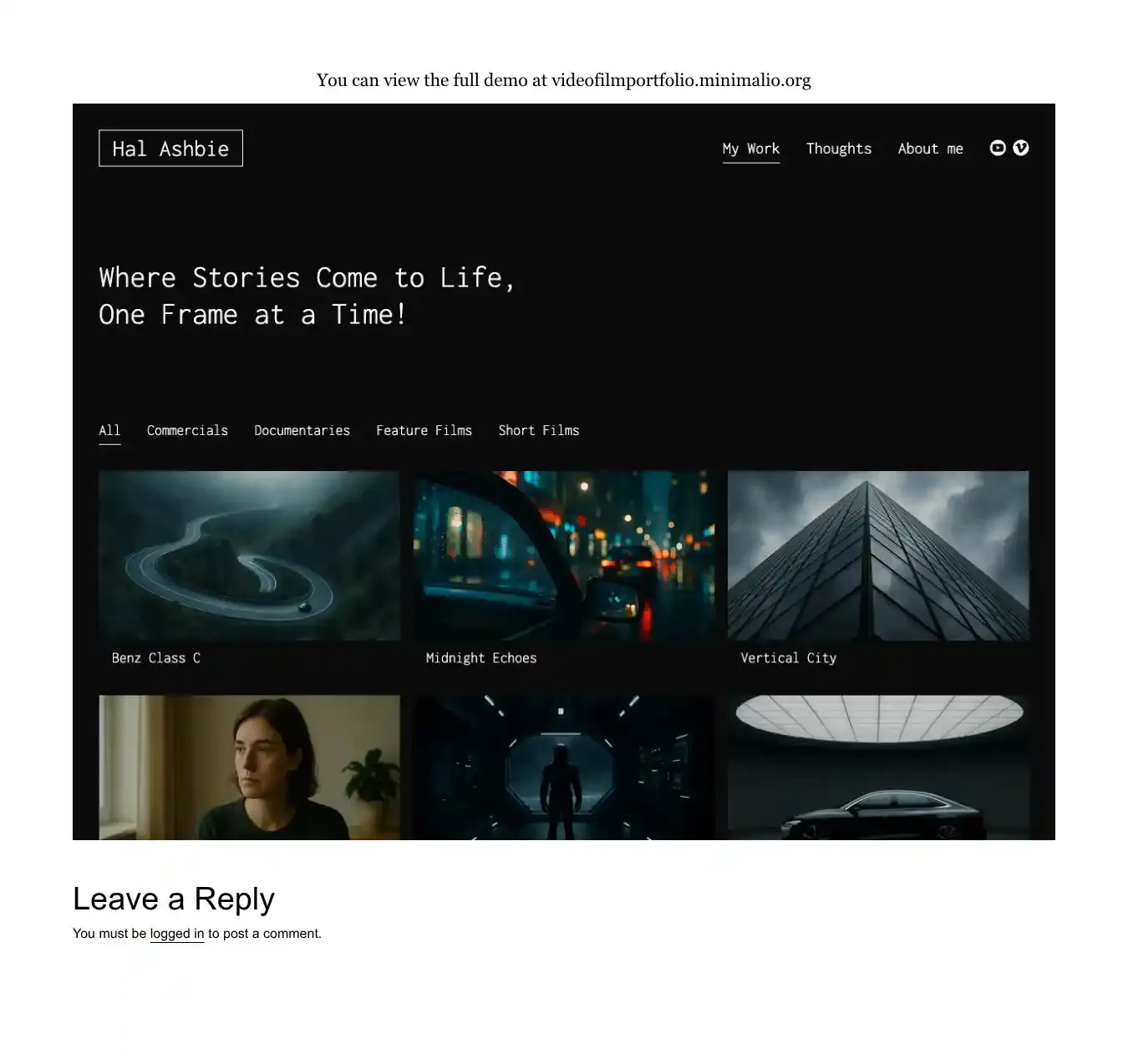 Video Film Portfolio home page on desktop