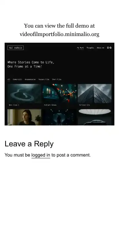 Video Film Portfolio home page on mobile