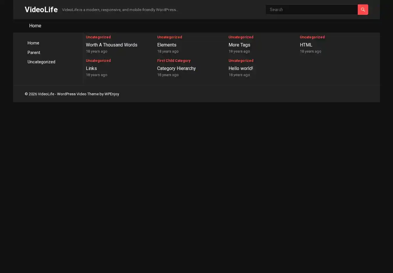 VideoLife home page on desktop