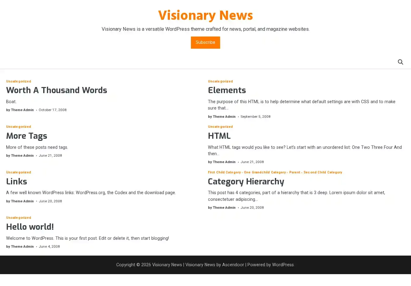 Visionary News home page on desktop