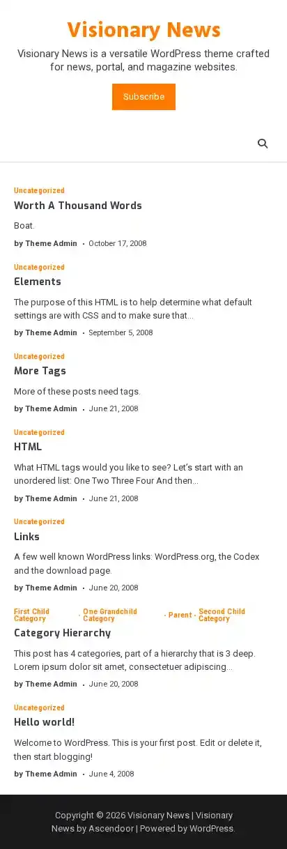 Visionary News home page on mobile