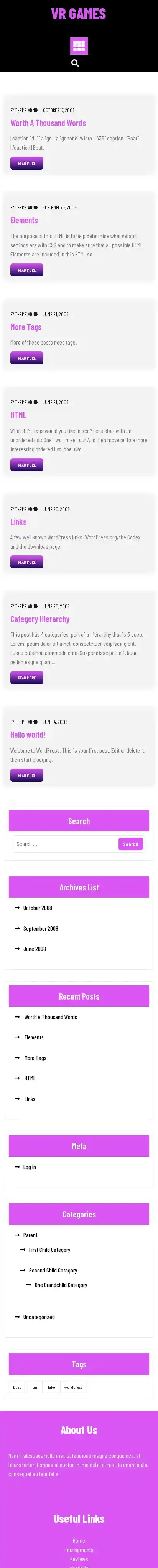 VR Games home page on mobile