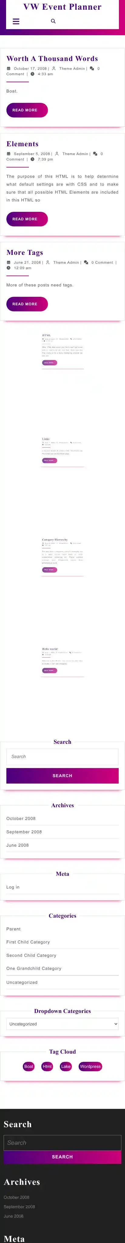 VW Event Planner home page on mobile