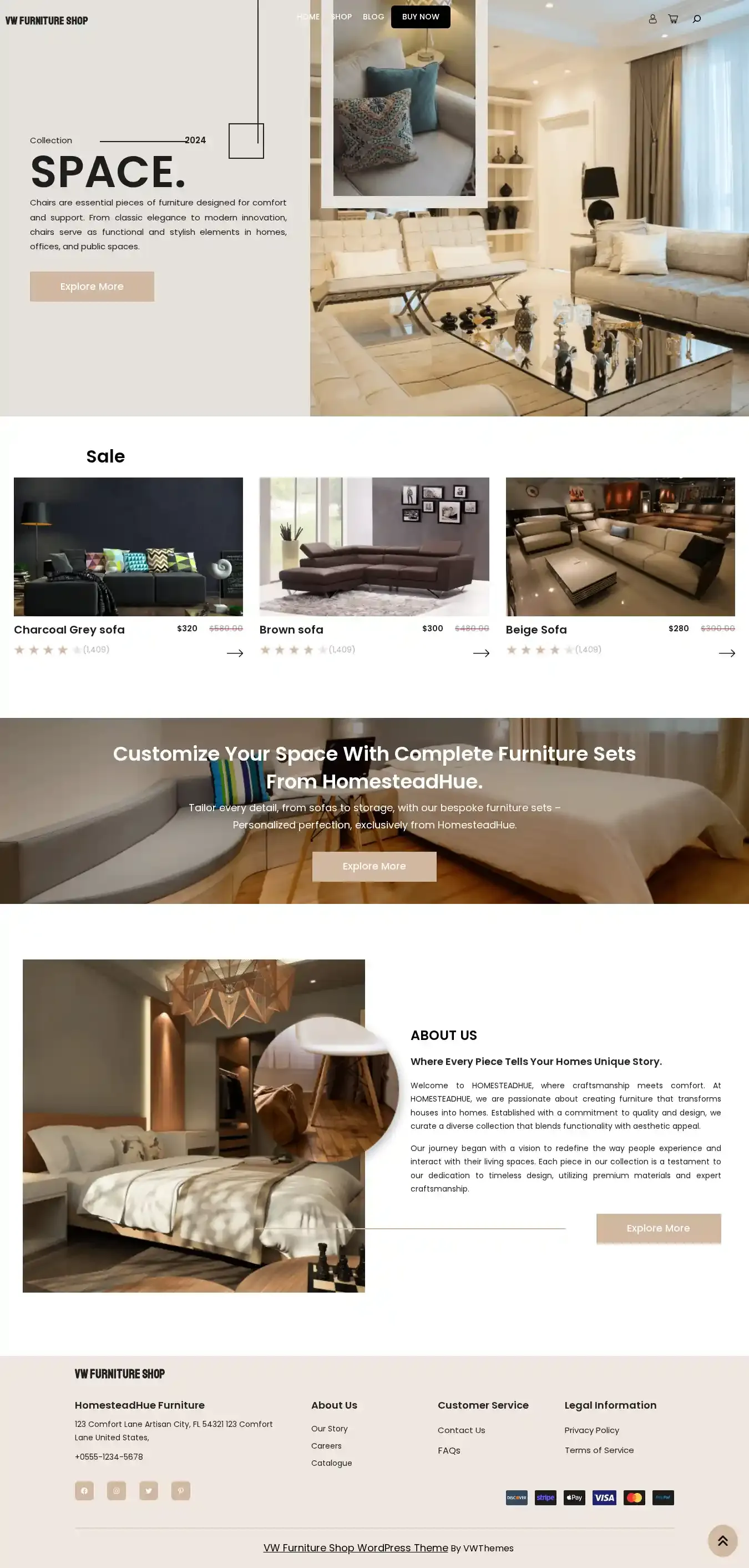 VW Furniture Shop home page on desktop