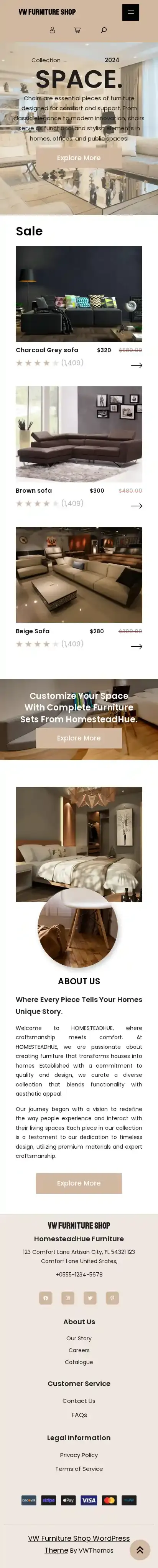 VW Furniture Shop home page on mobile