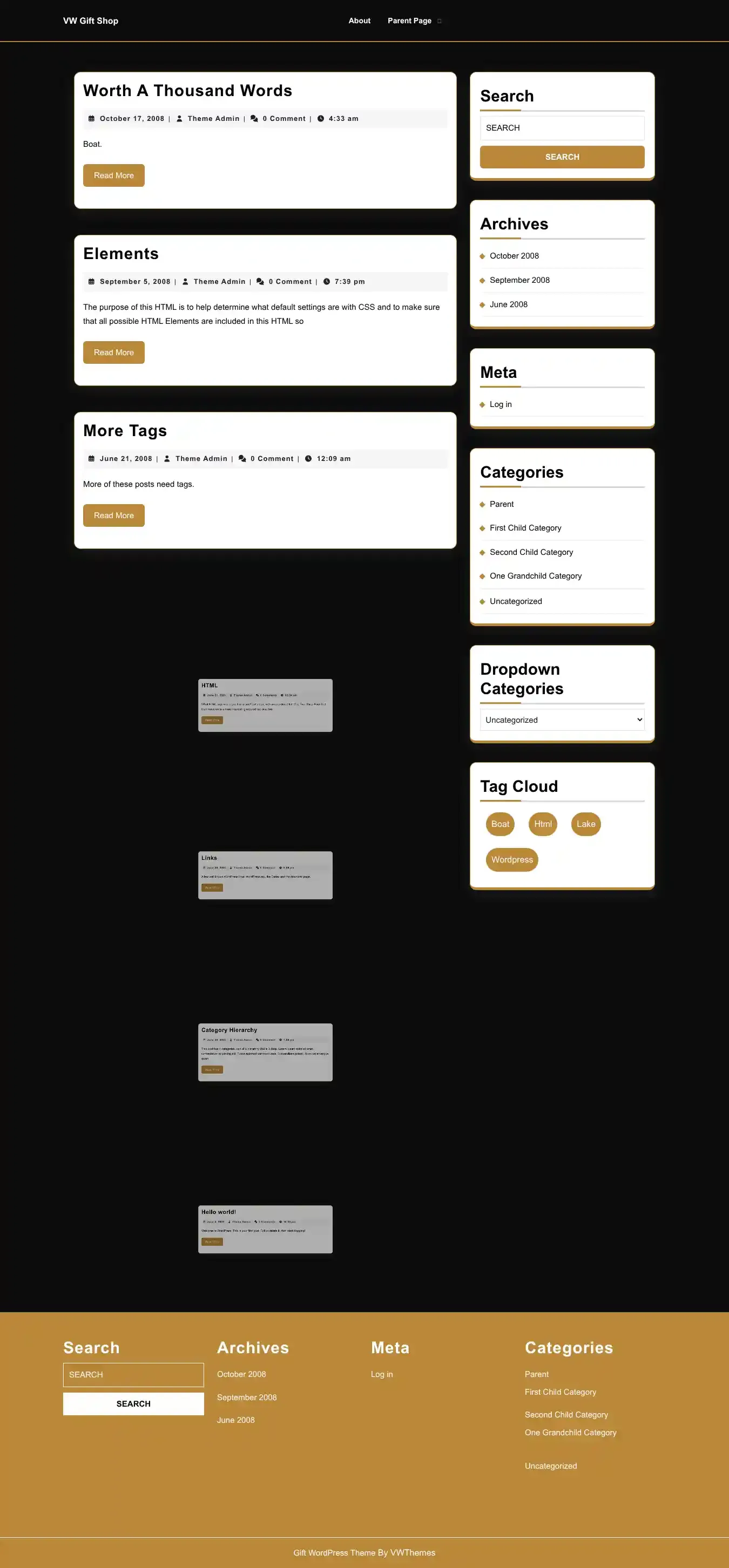 VW Gift Shop home page on desktop