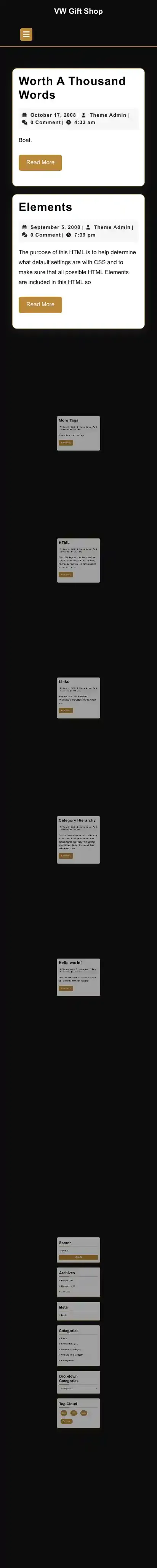 VW Gift Shop home page on mobile