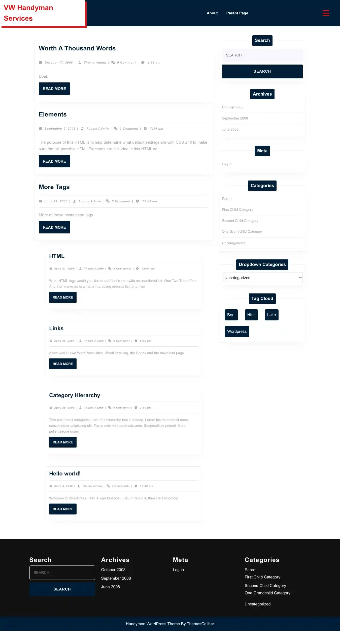 VW Handyman Services home page on desktop