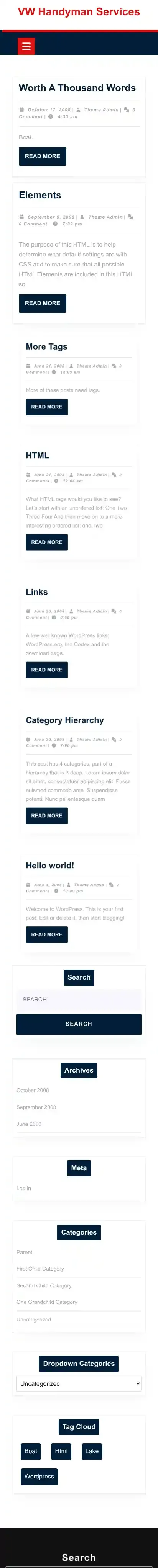 VW Handyman Services home page on mobile