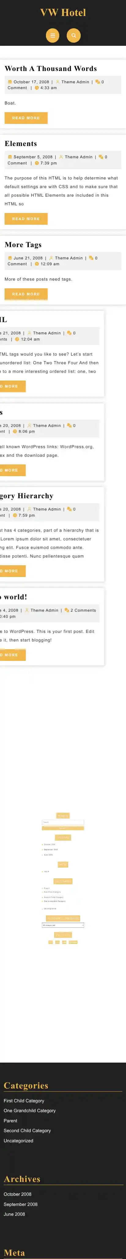 VW Hotel home page on mobile