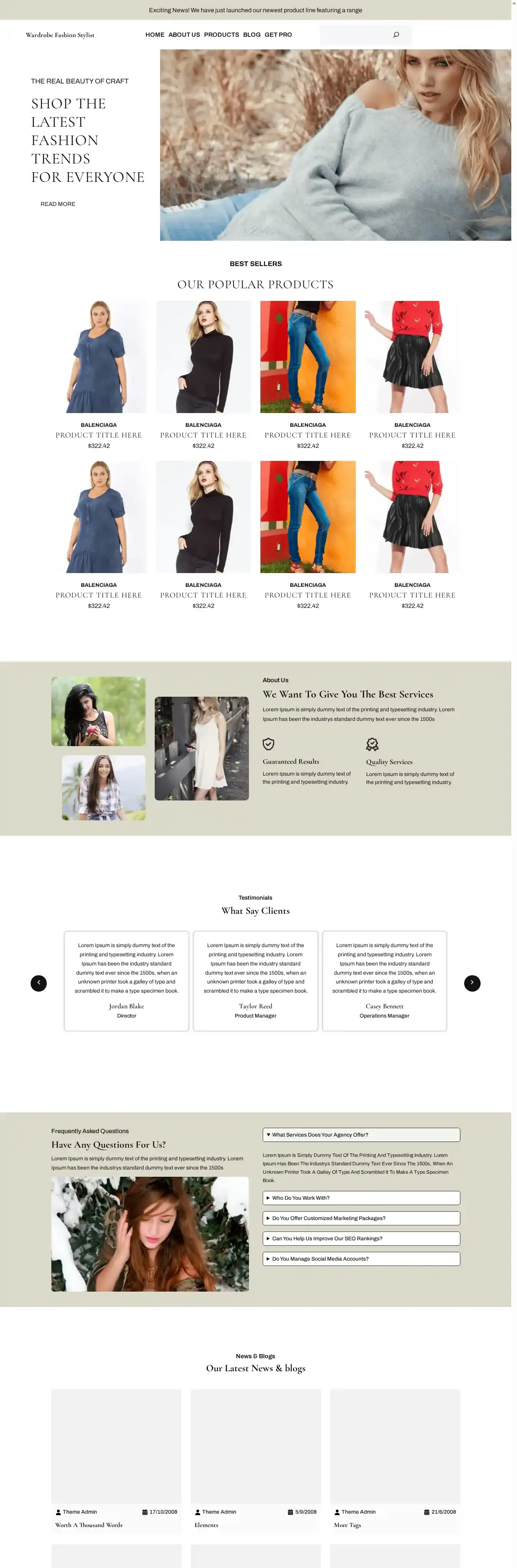 Wardrobe Fashion Stylist home page on desktop