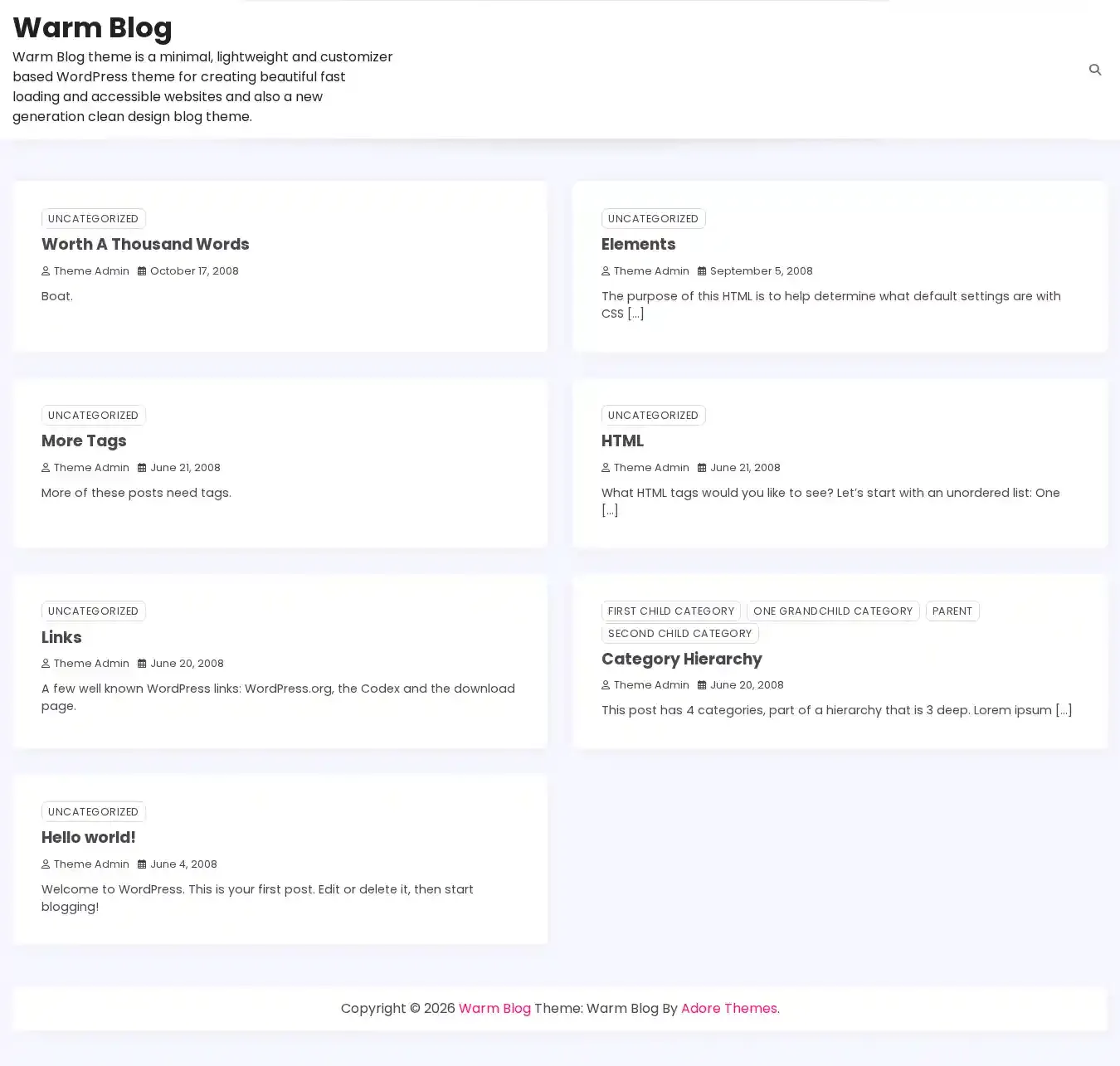 Warm Blog home page on desktop