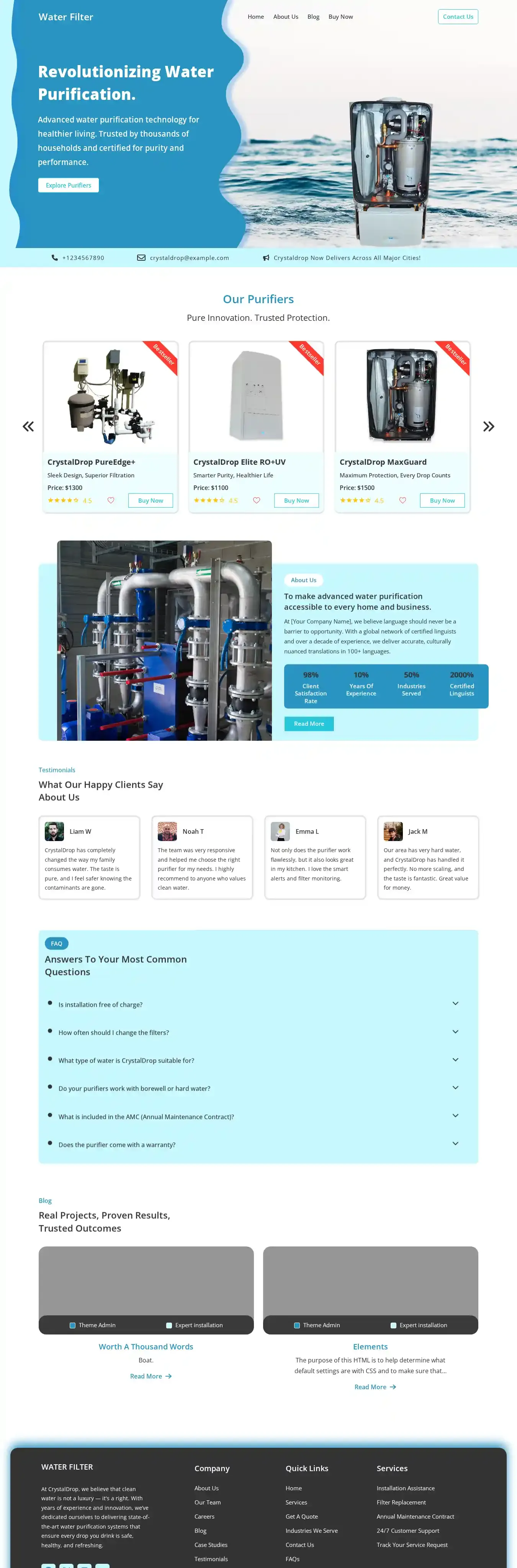 Water Filter home page on desktop