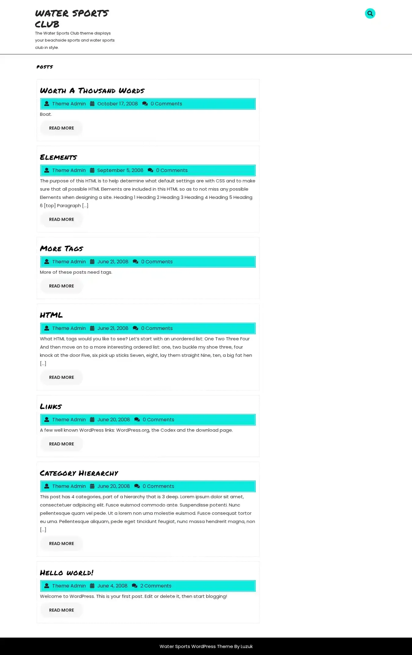 Water Sports Club home page on desktop