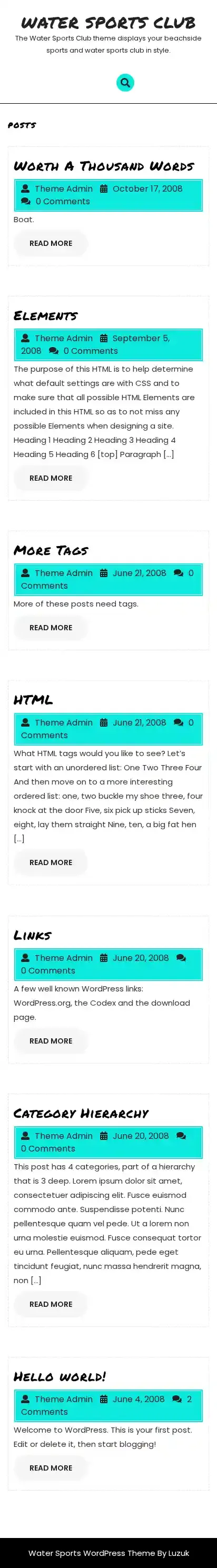 Water Sports Club home page on mobile