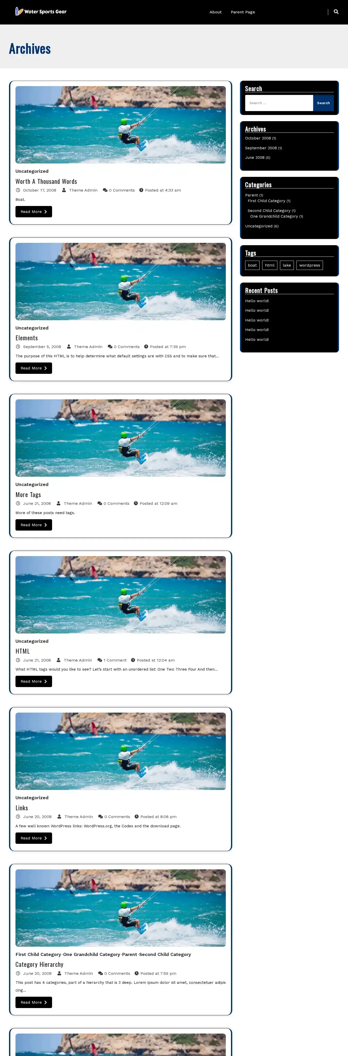 Water Sports Gear home page on desktop