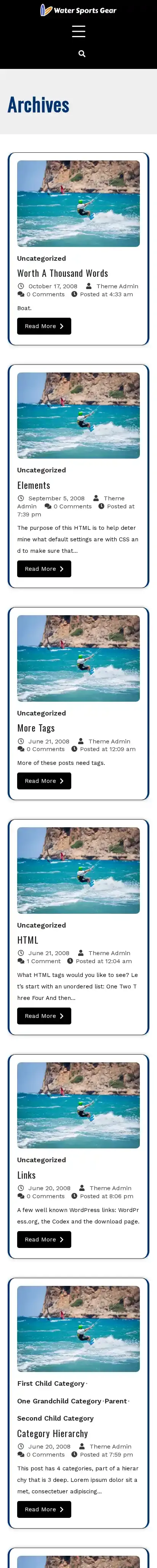 Water Sports Gear home page on mobile