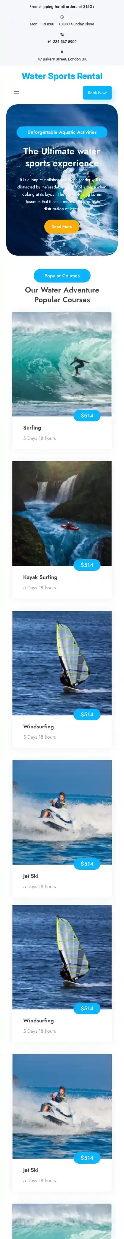 Water Sports Rental home page on mobile