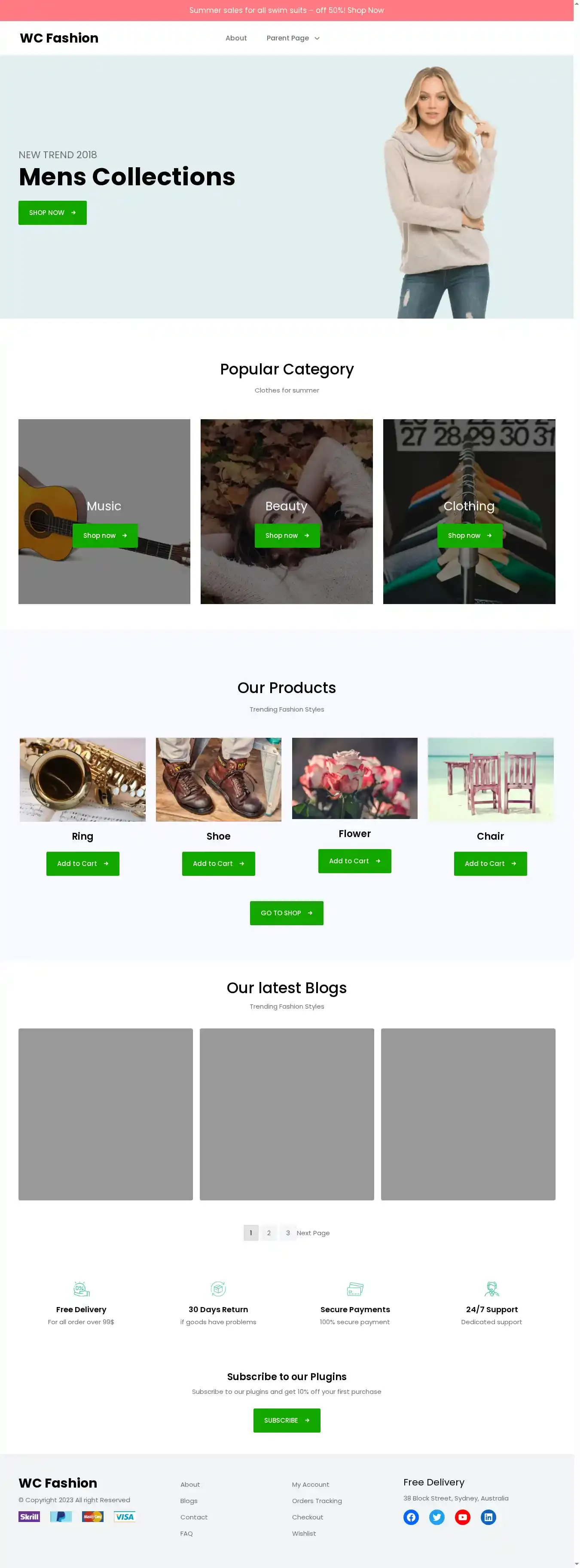 WC Fashion home page on desktop