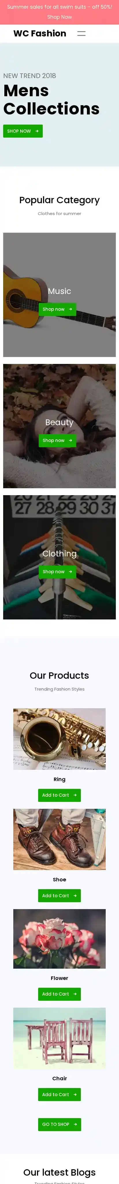 WC Fashion home page on mobile