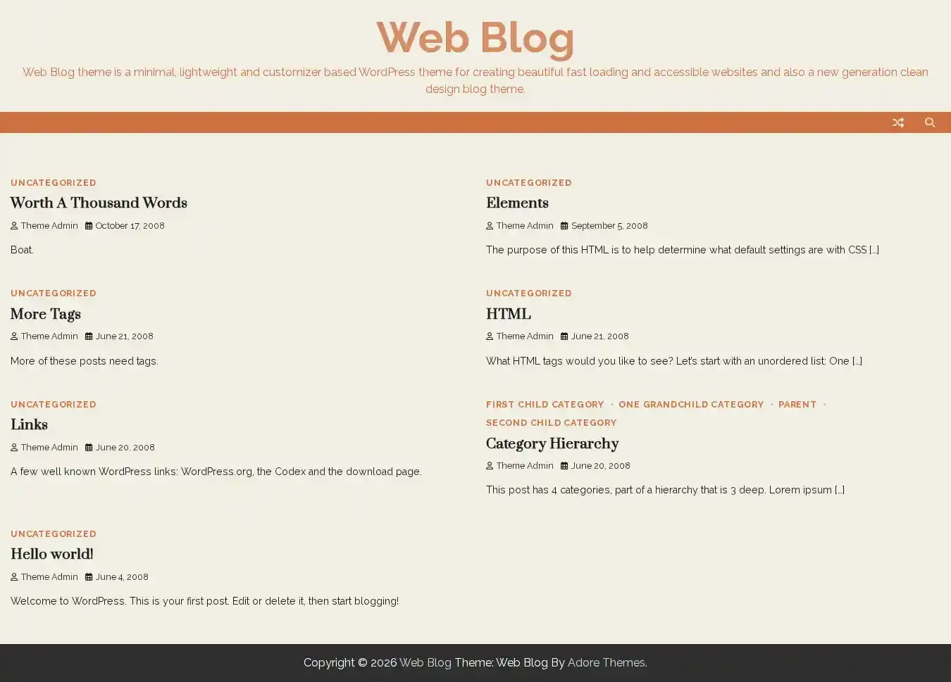 Web Blog home page on desktop