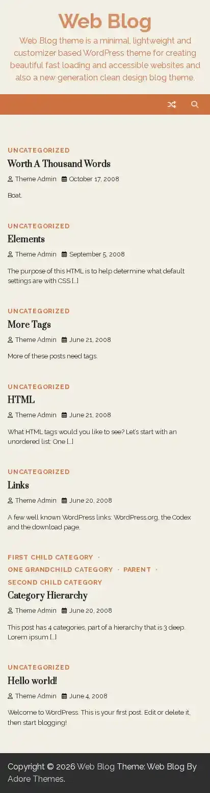 Web Blog home page on mobile