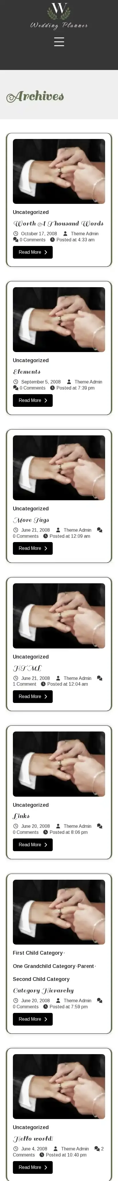 Wedding Event Management home page on mobile