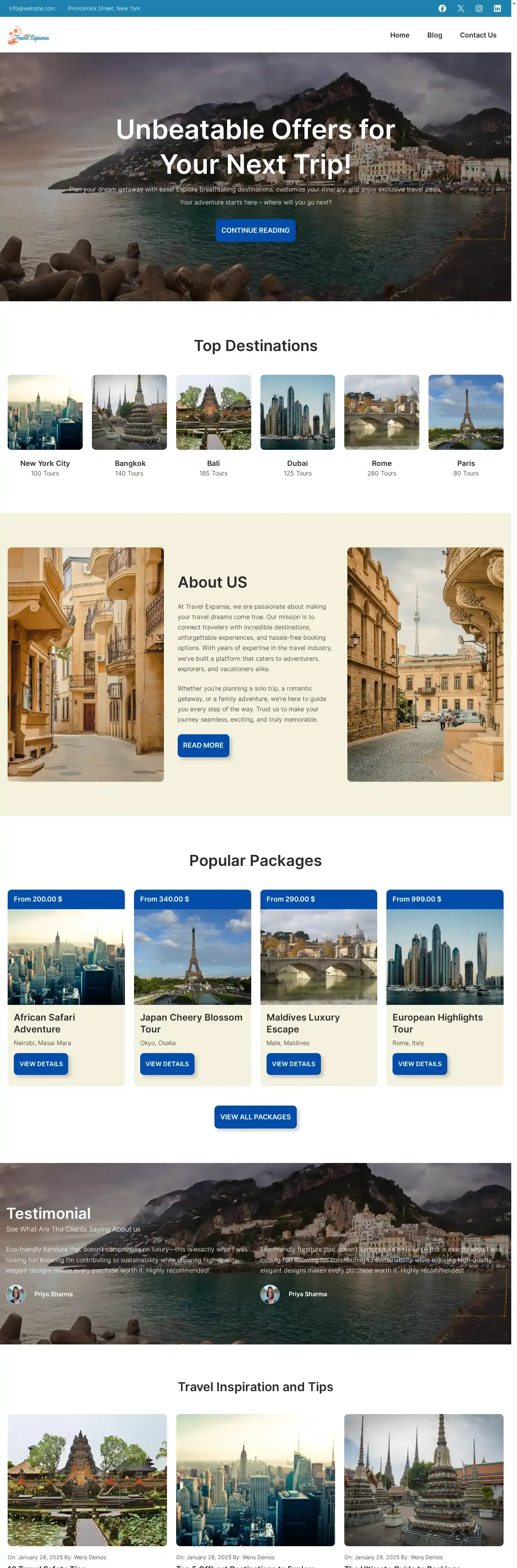 WENS Travel Expanse home page on desktop